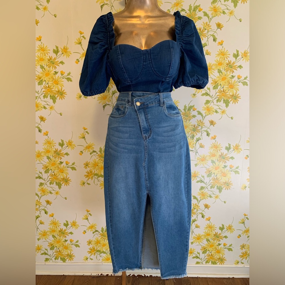 Vinizbena crossover waist slit front stretchy denim skirt size M - Picture 3 of 12